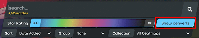 The "Show converted" toggle in osu!(lazer)
